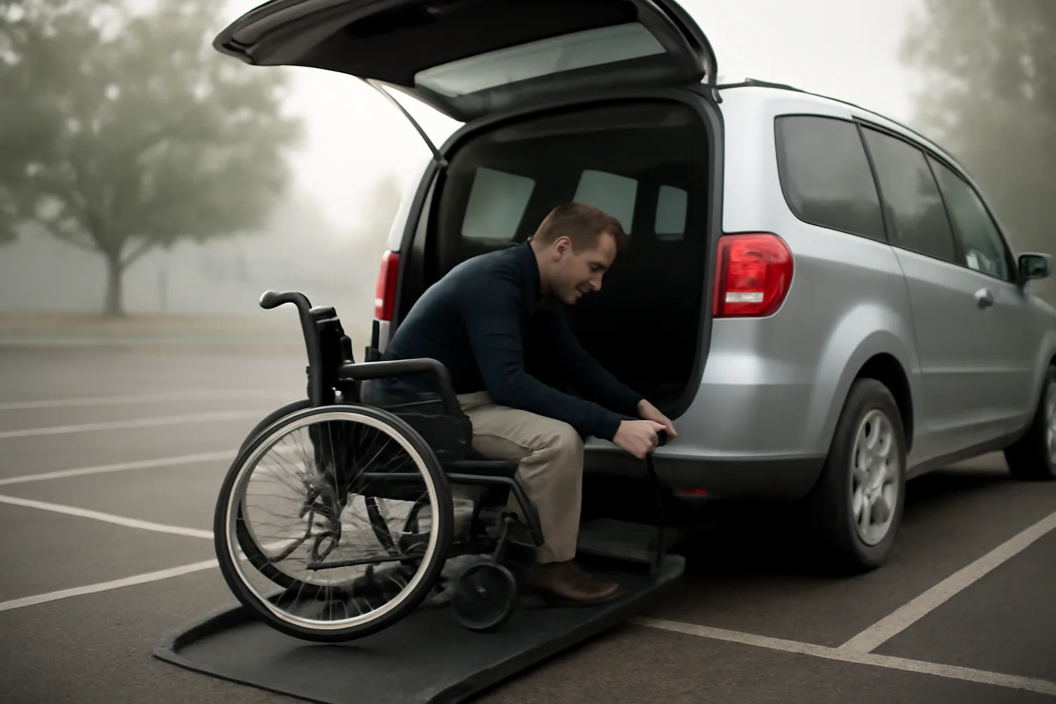 Driver loading a wheelchair into an accessible van used for non emergency medical transportation