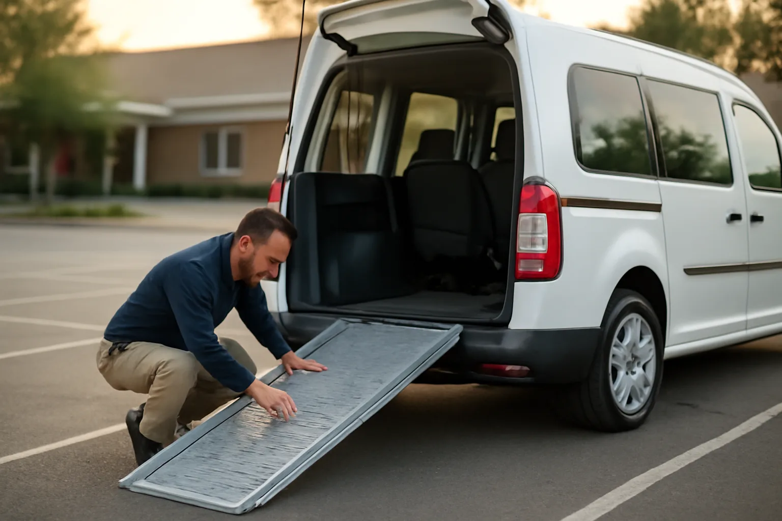 Wheelchair van with ramp deployed outside a medical clinic in morning light