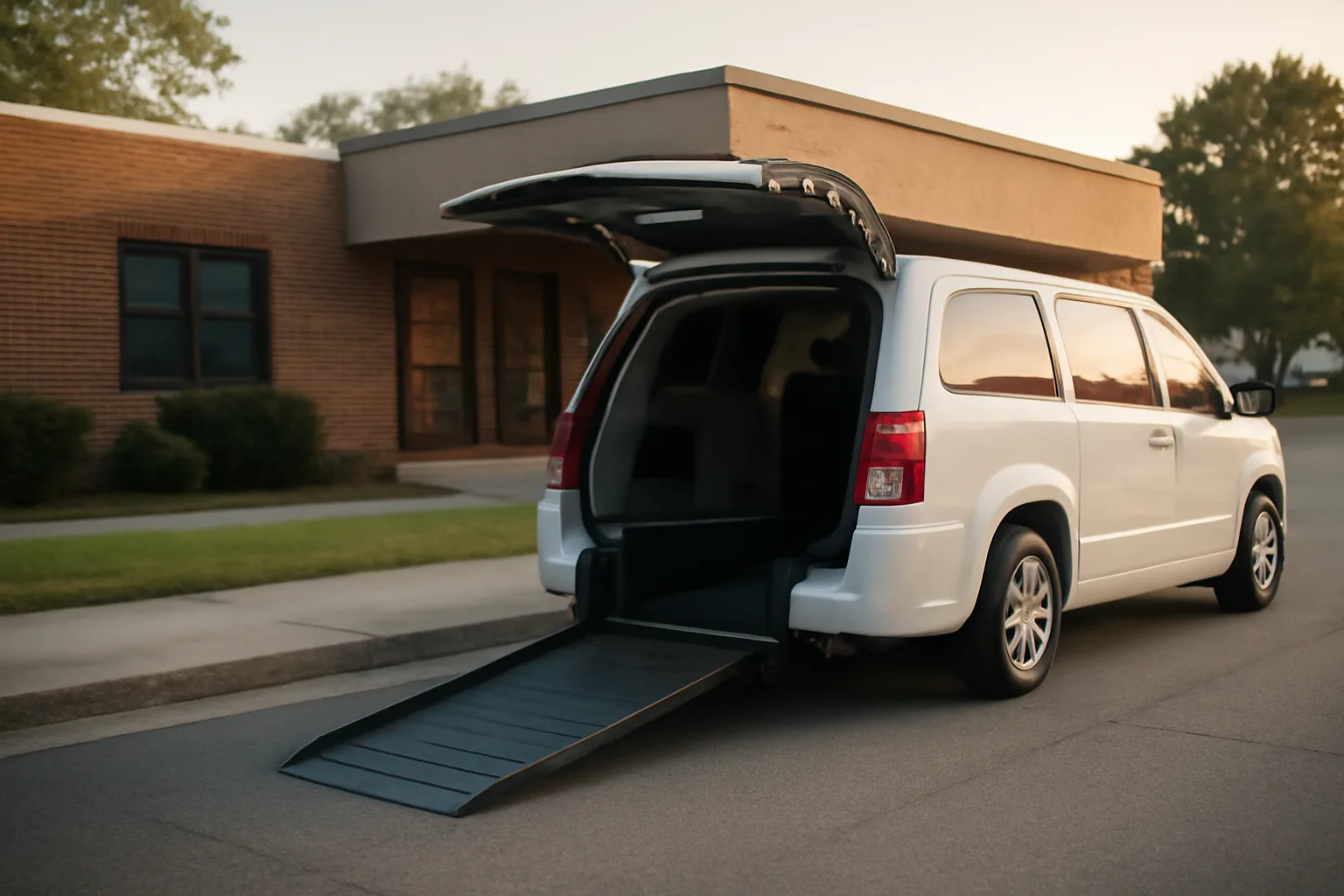Wheelchair van with ramp deployed outside a clinic, illustrating non-emergency medical transportation coverage