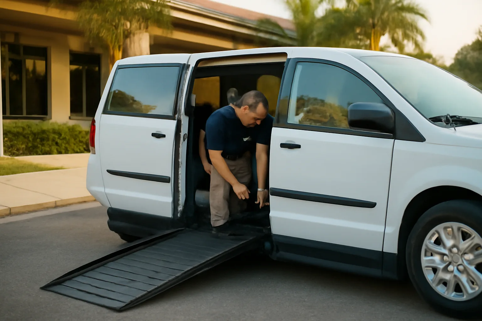 Wheelchair van with ramp deployed outside a Florida clinic in early morning light