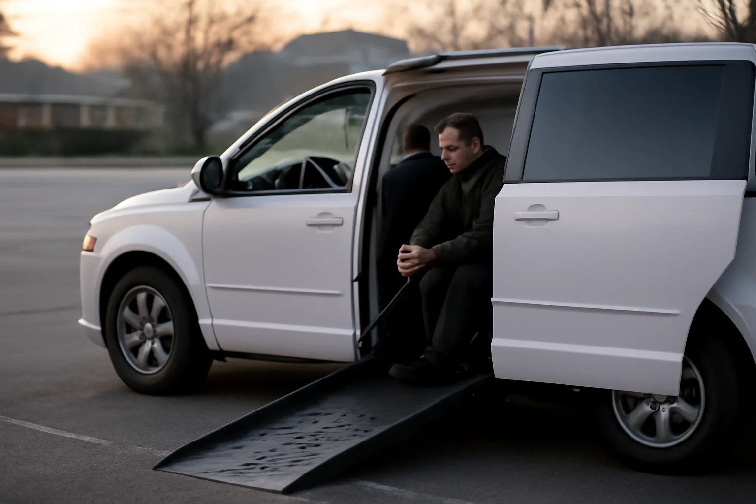 Driver checking wheelchair van ramp and tie-downs before a medical transportation trip