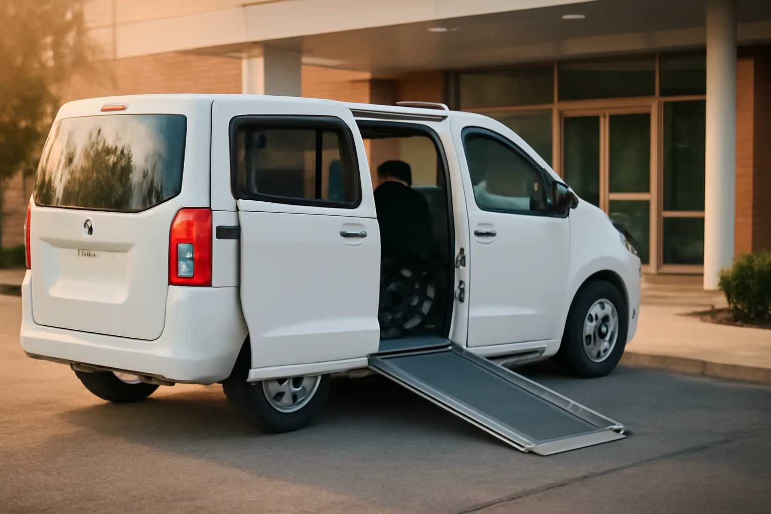 Wheelchair van with ramp lowered outside a clinic, illustrating starting a non emergency medical transportation business