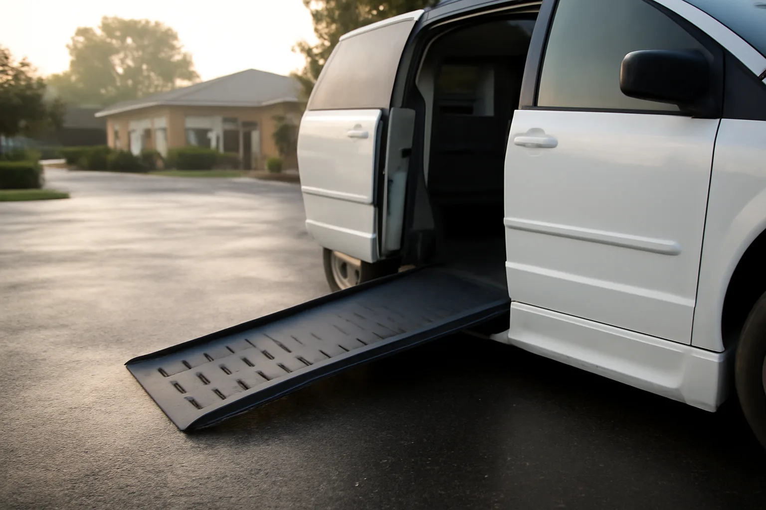 Wheelchair van ramp deployed outside a clinic during early morning light in Wisconsin