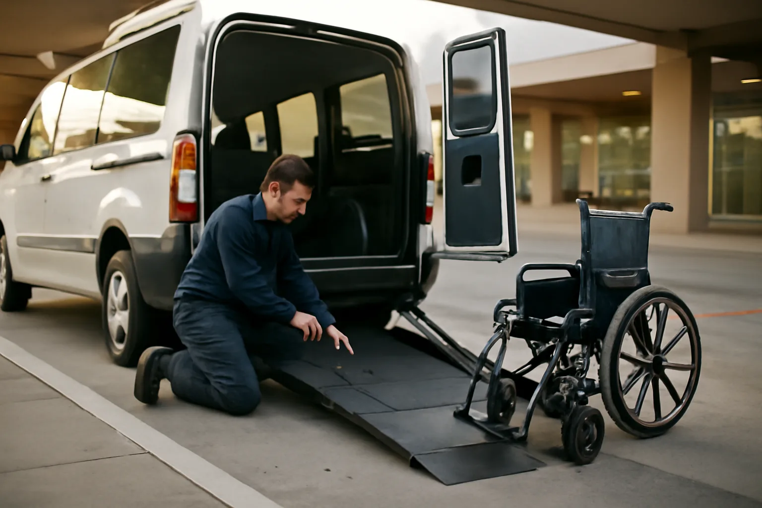 Driver securing a wheelchair ramp on a non emergency medical transport van at a hospital entrance