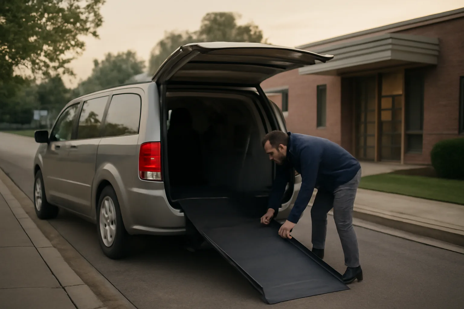 Wheelchair van ramp deployed outside a clinic at dawn, illustrating Medicaid NEMT service