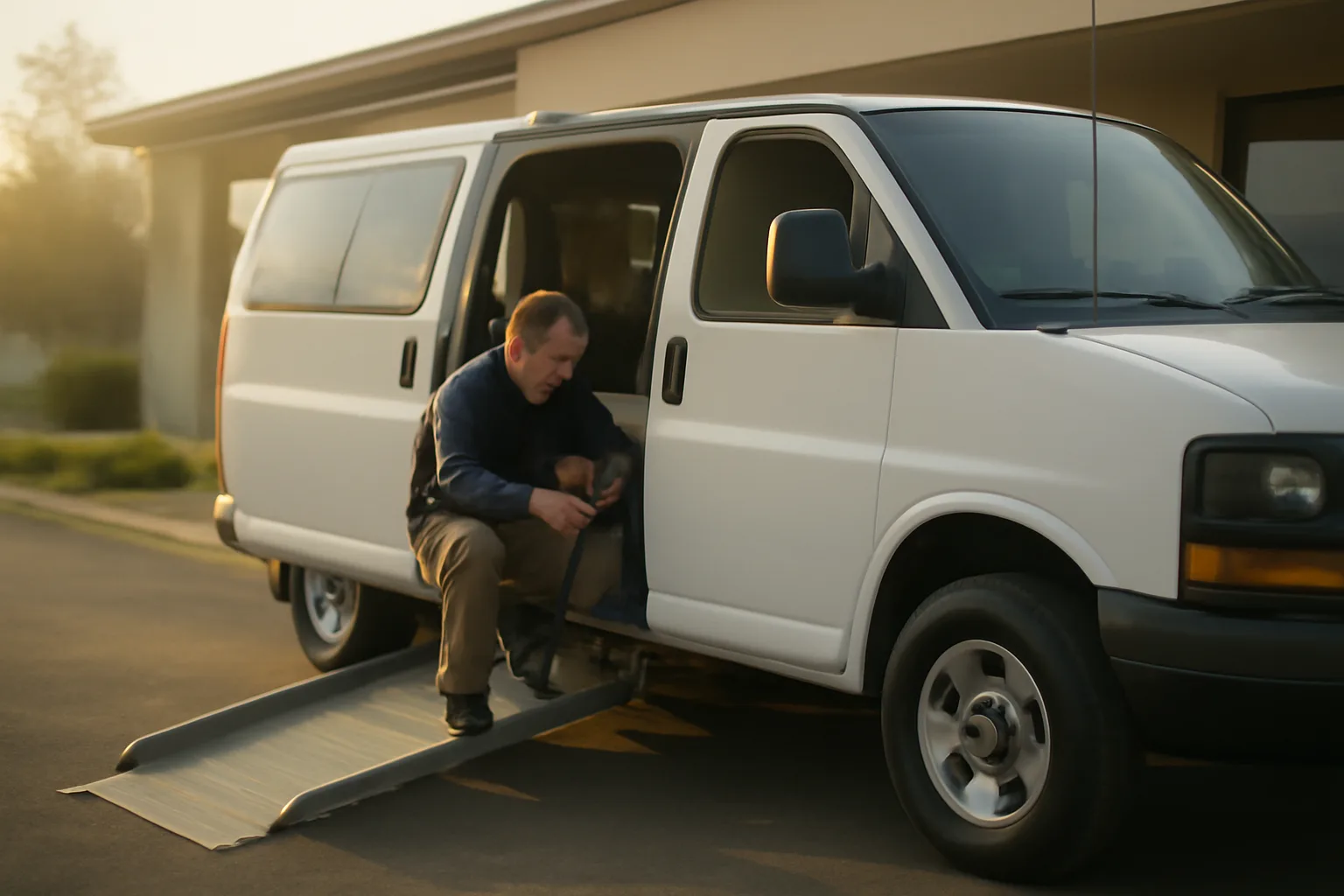 Owner-operator checking wheelchair securement straps in a van before a Medicaid transportation trip