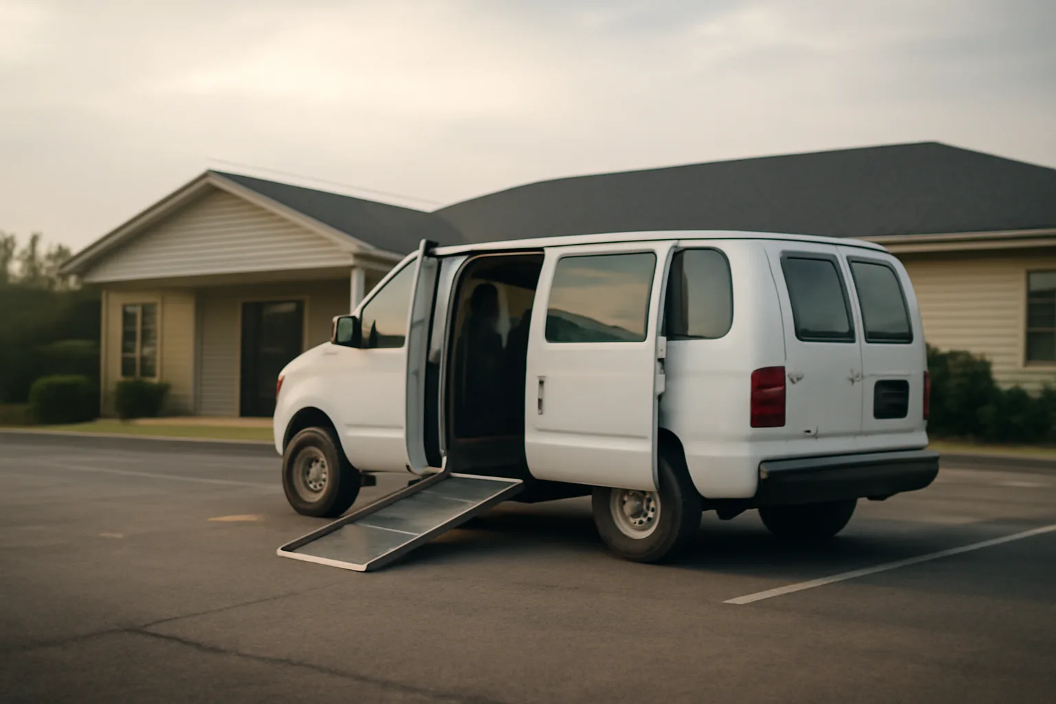 Wheelchair-accessible van with ramp deployed outside a clinic, representing non-emergency medical transportation