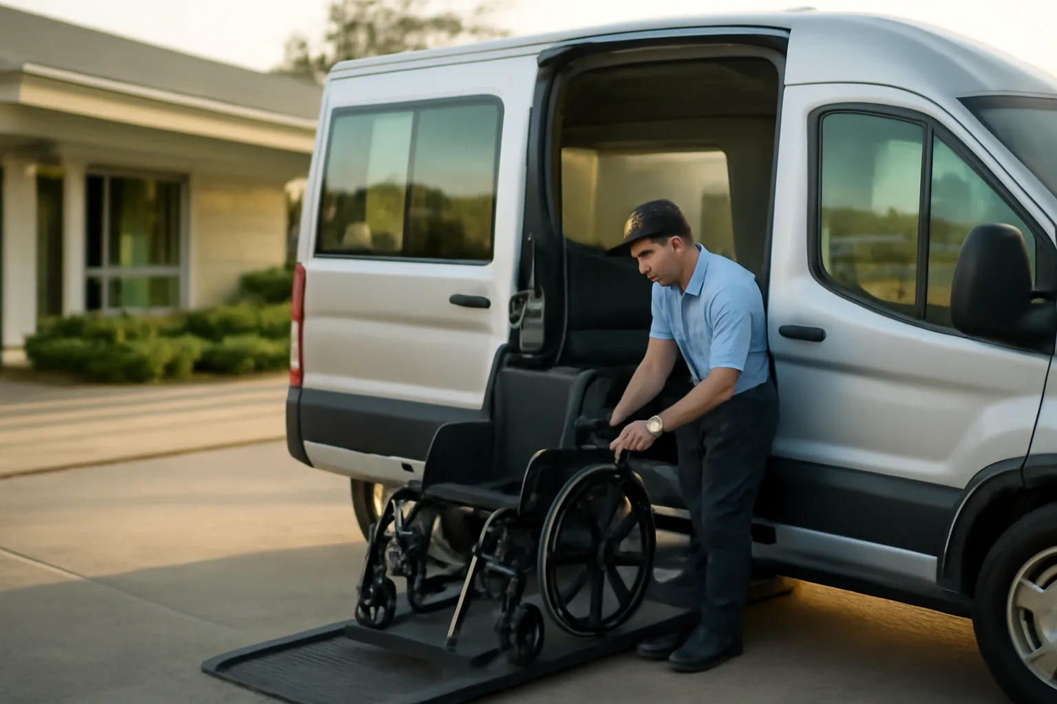 Driver checking wheelchair tie-downs in a non emergency medical transportation van at dawn
