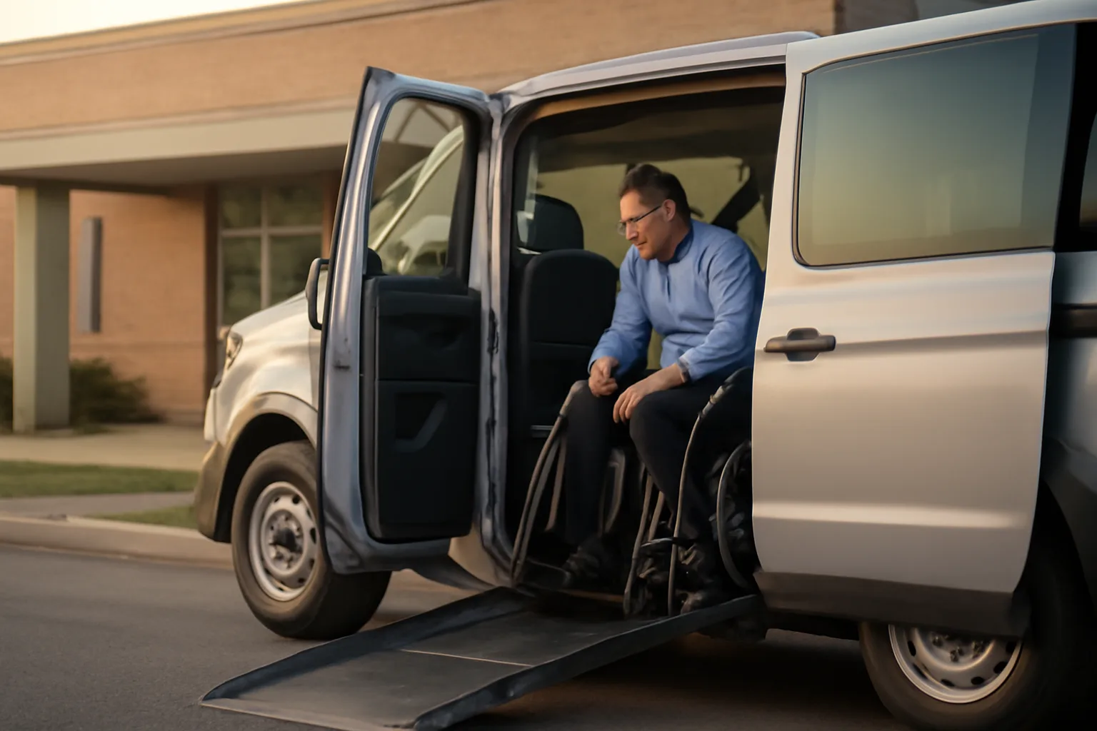 Driver checking wheelchair securement straps in a van before a medical transportation contract trip