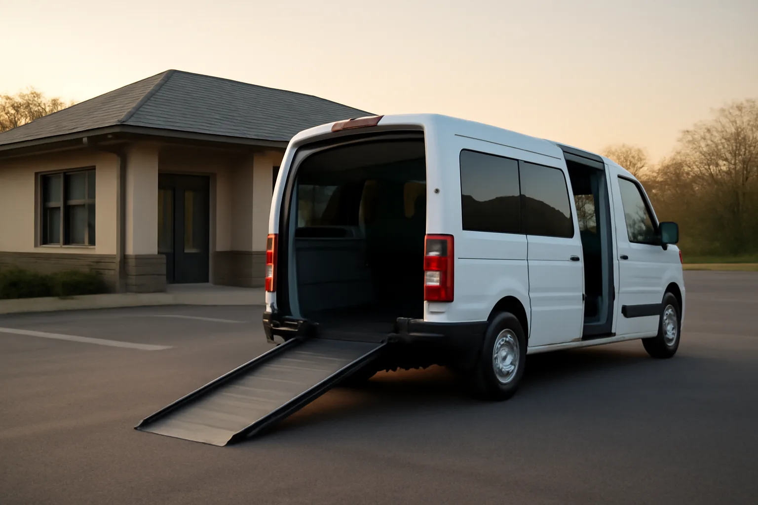 Wheelchair-accessible van with ramp deployed outside a clinic at dawn for NEMT contracts