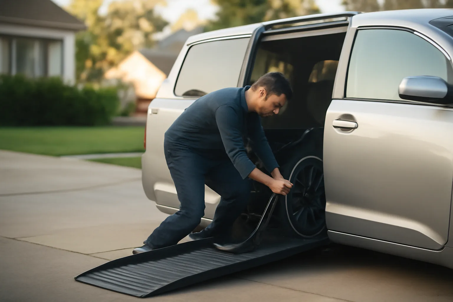 Owner-operator inspecting ramp and tie-downs in a wheelchair-accessible NEMT van