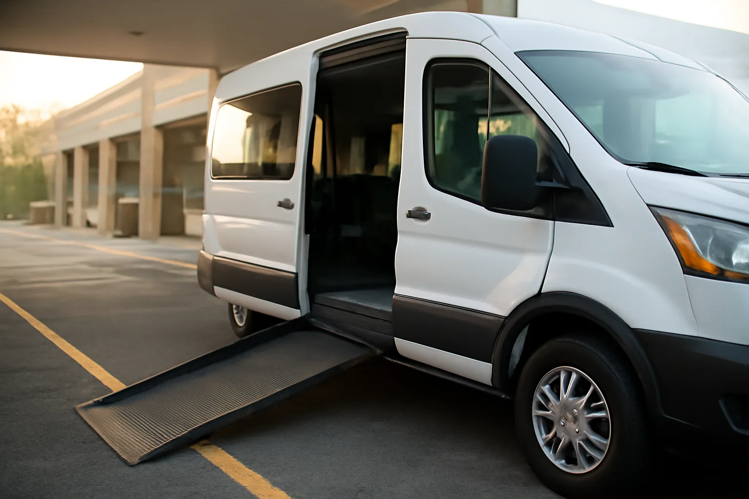 Wheelchair van ramp deployed at hospital pickup lane during early morning light