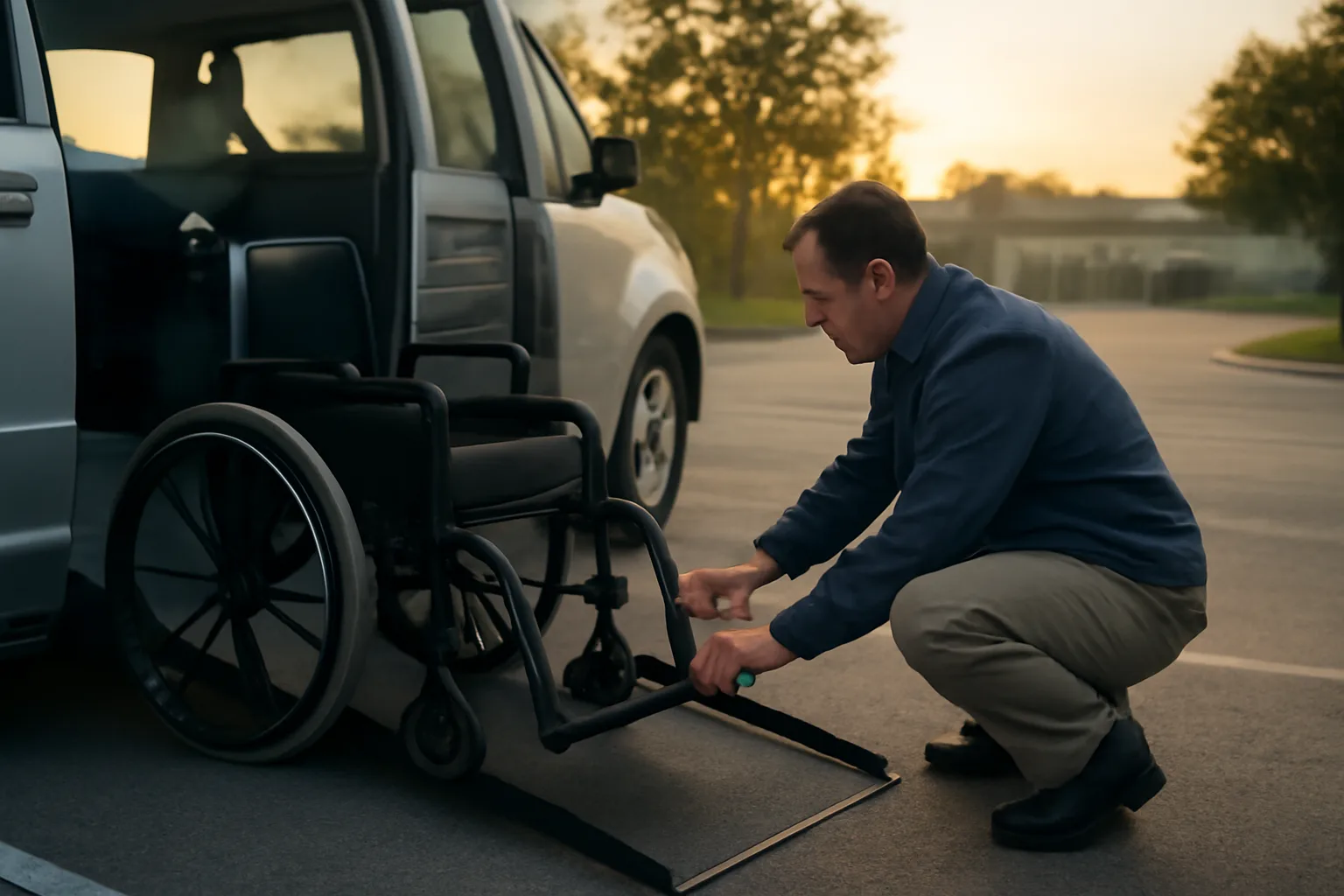 Driver securing a wheelchair inside a ramp-equipped NEMT van at a clinic