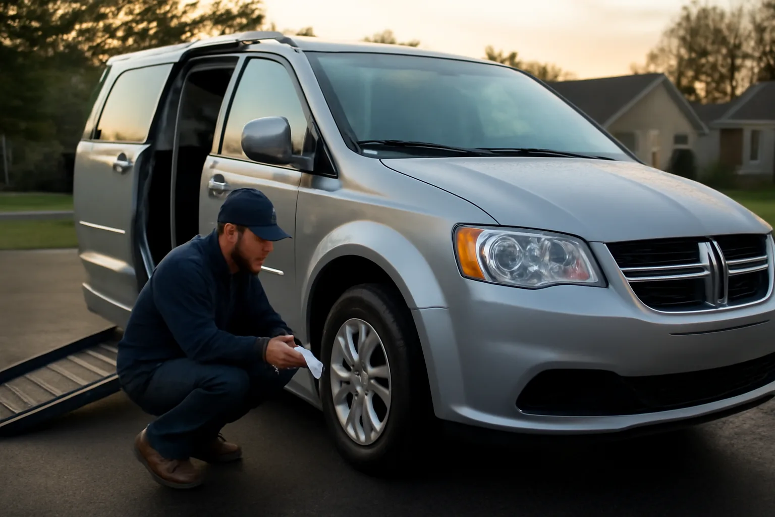 Owner-operator inspecting a wheelchair van ramp before starting a NEMT business in NJ