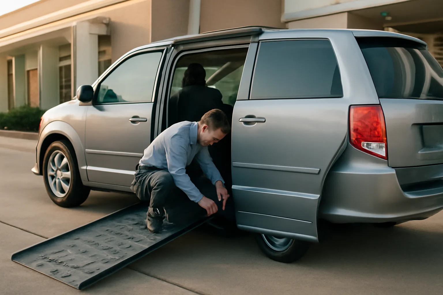 Wheelchair van with ramp deployed outside a Houston clinic in early morning light