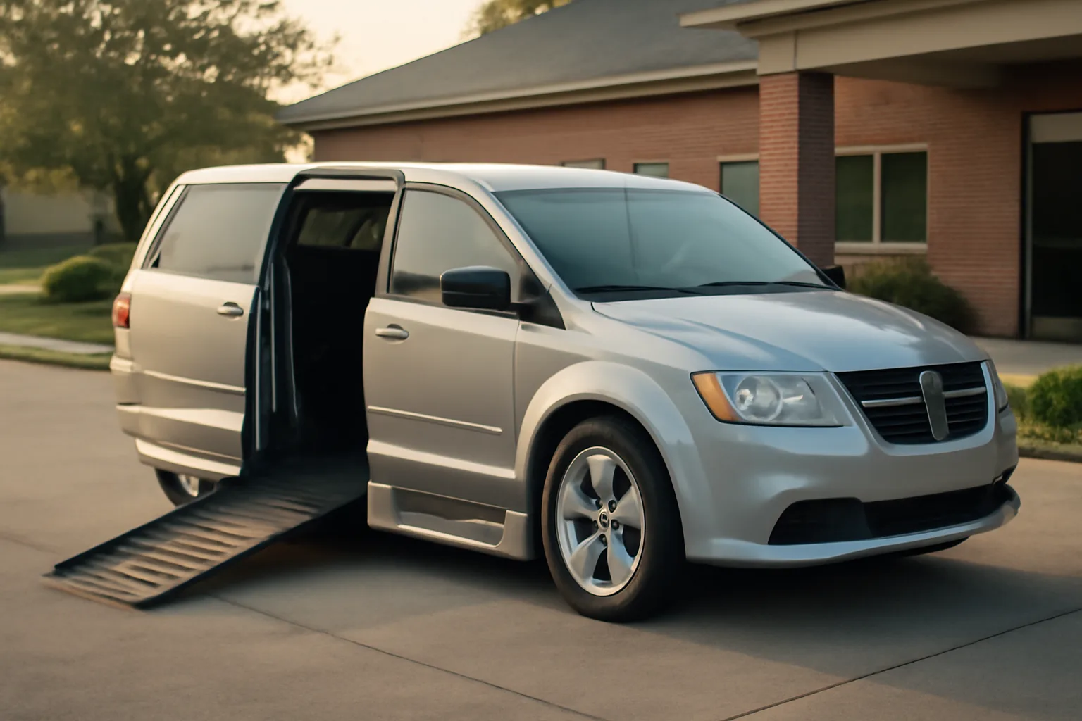 Wheelchair-accessible van with ramp deployed outside a medical office in New Jersey