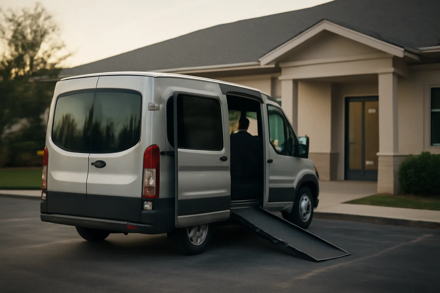Wheelchair-accessible van with ramp deployed outside a clinic entrance