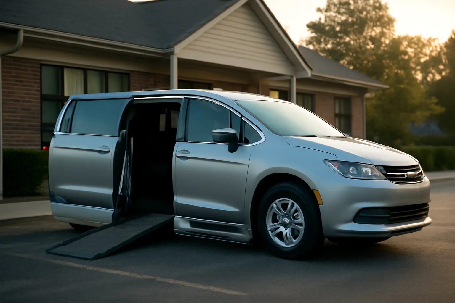 Wheelchair-accessible van with ramp deployed outside a medical office in South Carolina