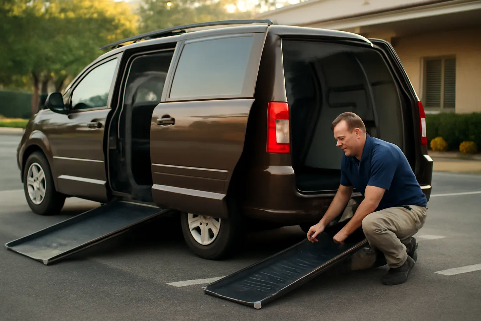 Wheelchair van ramp lowered outside a clinic, illustrating starting a NEMT business in Virginia