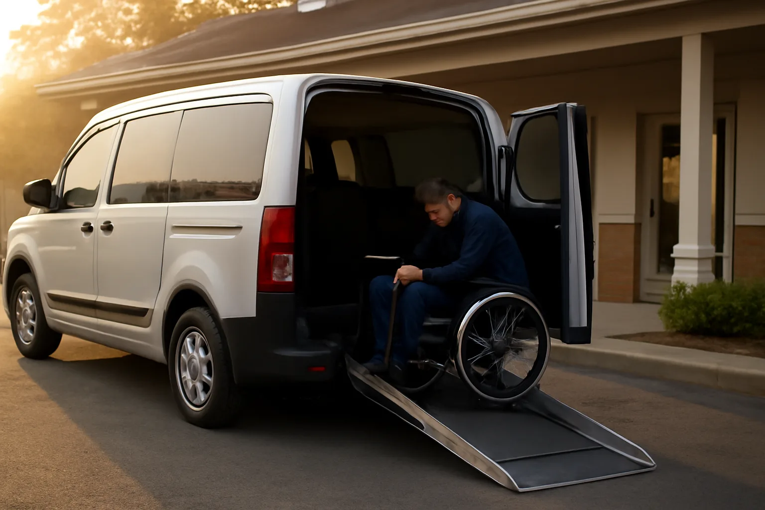 Owner-operator inspecting wheelchair van ramp and tie-downs before a NEMT Medicaid trip