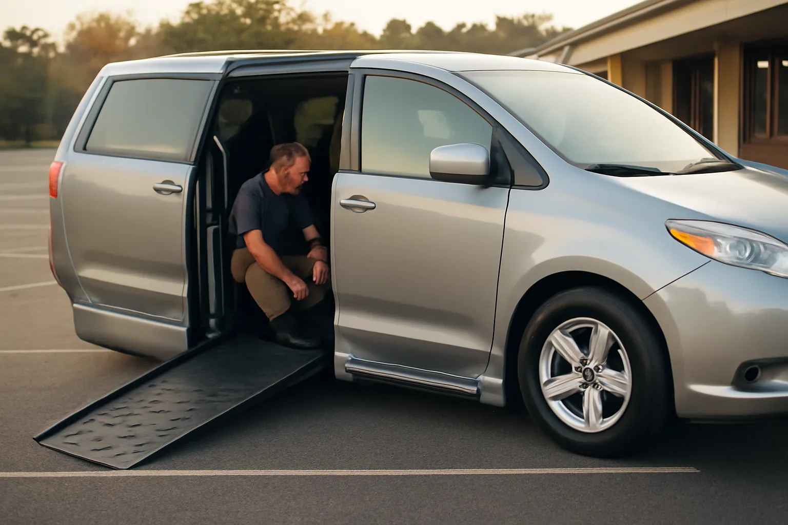 Wheelchair van ramp deployed outside a Georgia clinic during early morning NEMT vehicle check