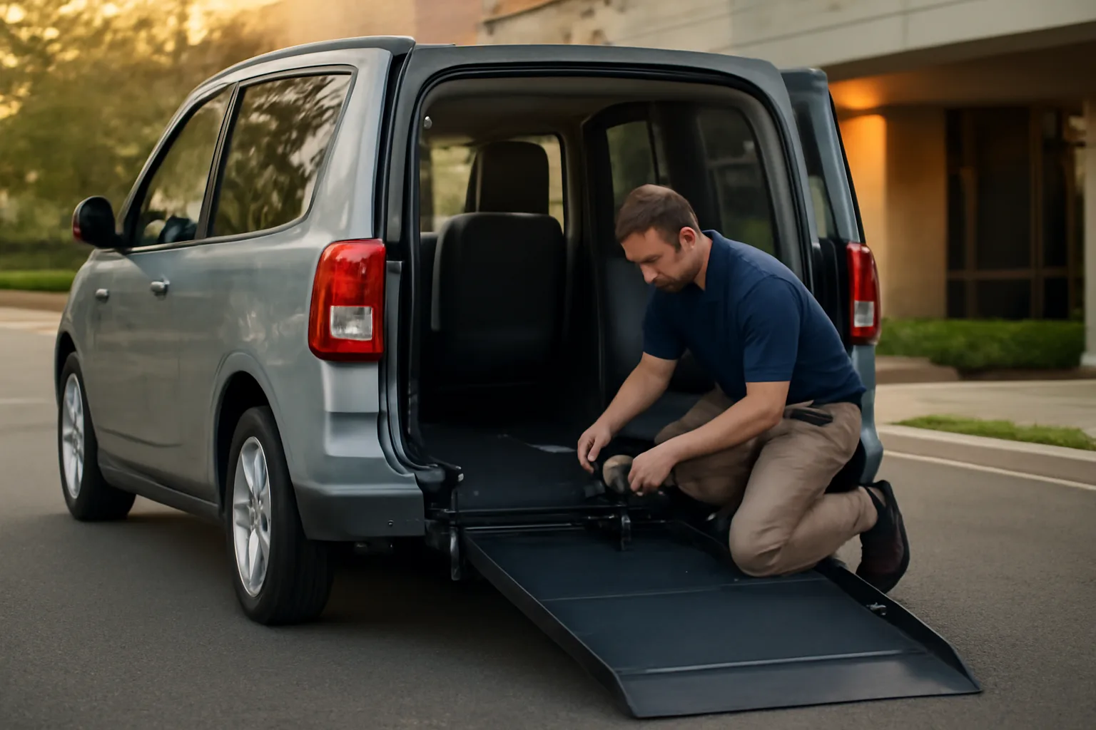 Wheelchair van ramp extended outside a clinic during Michigan NEMT business setup