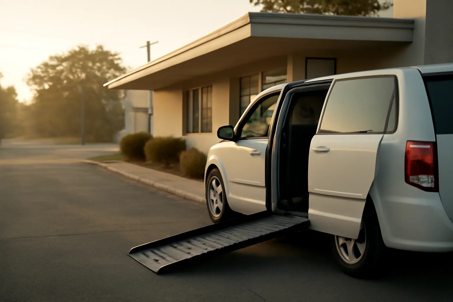 Wheelchair van with ramp deployed outside a Virginia medical clinic at dawn
