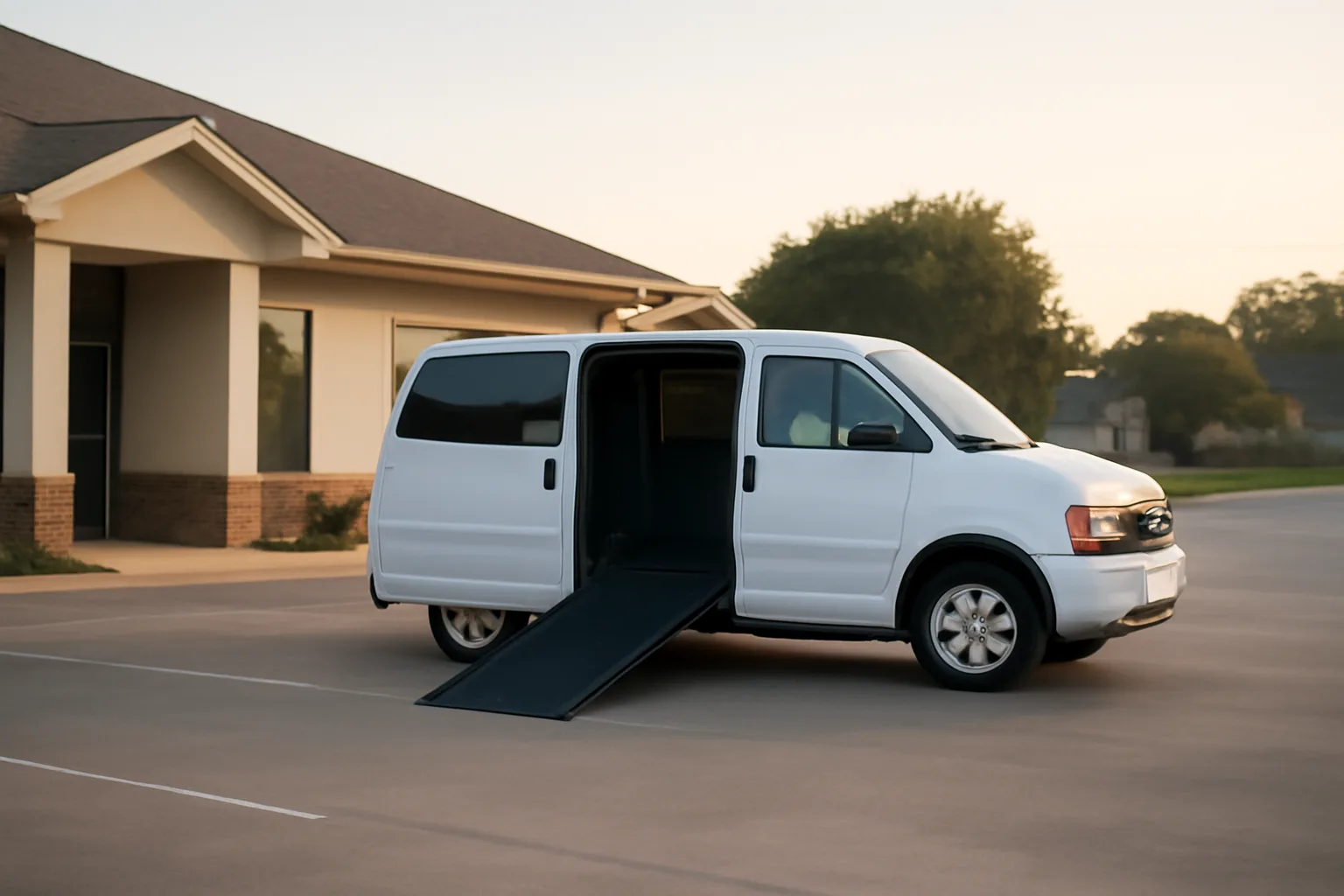 Wheelchair-accessible van with ramp extended outside a Texas medical clinic at sunrise