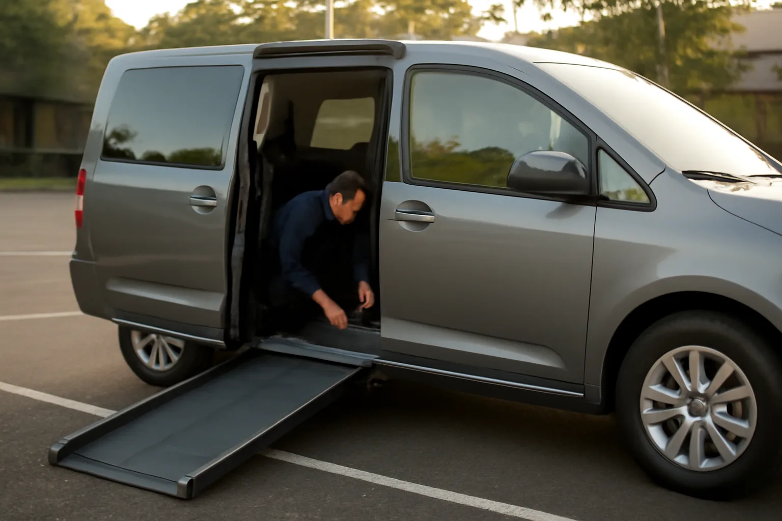 Driver checking wheelchair securement straps inside an accessible van before a NEMT pickup