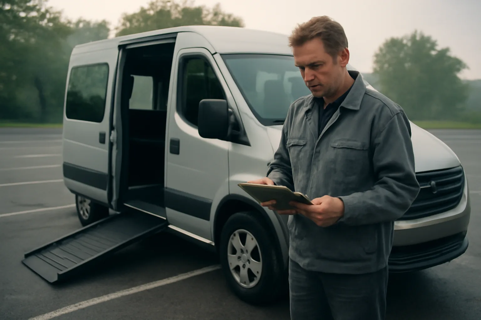 Owner-operator inspecting a wheelchair van ramp before starting a non-emergency medical transportation business