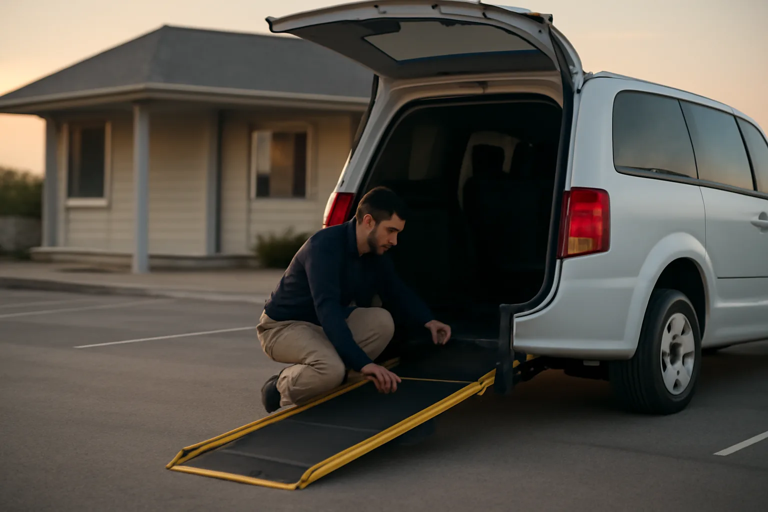 Driver inspecting a wheelchair van ramp before an NEMT insurance and credentialing check