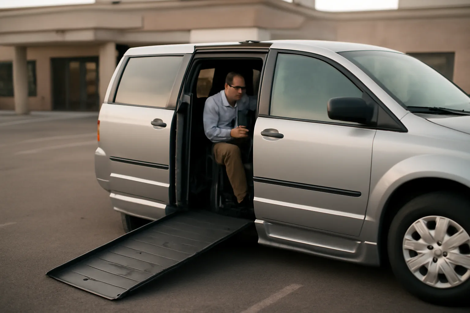 Wheelchair-accessible van with ramp deployed outside a medical clinic in early morning light