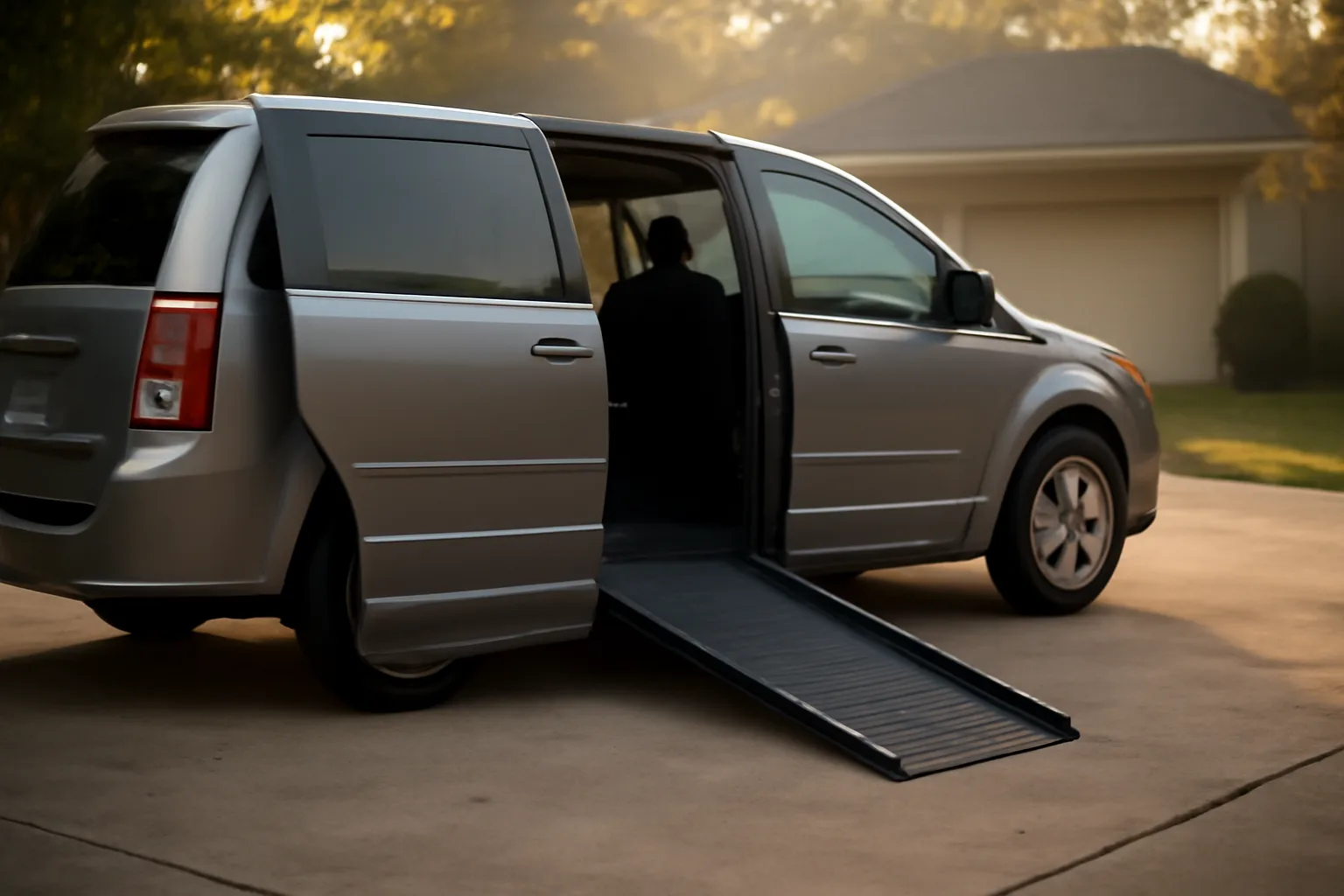 Wheelchair-accessible van with ramp deployed, illustrating a medical transportation business