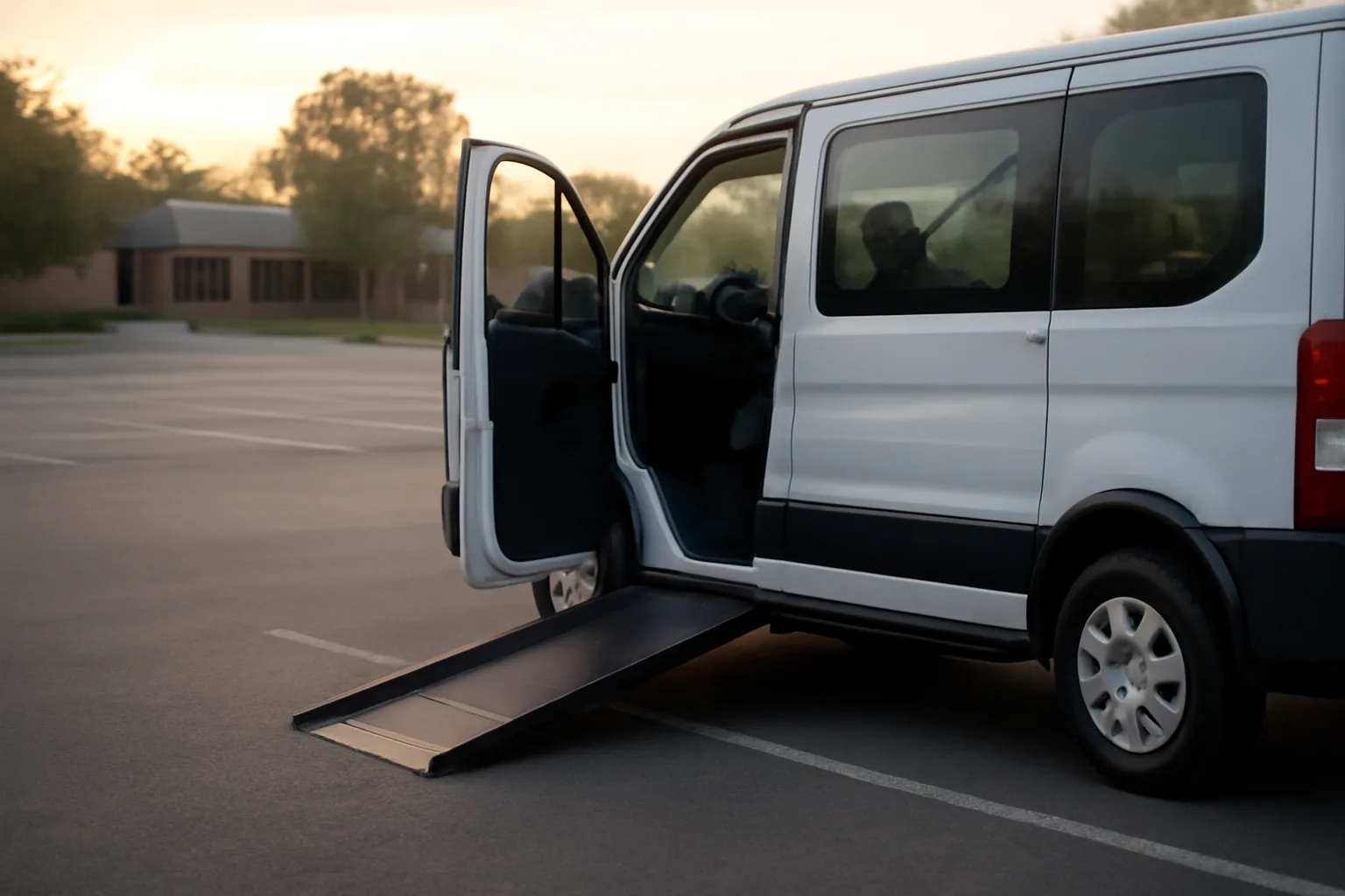 Wheelchair van with ramp deployed in empty clinic parking lot at dawn