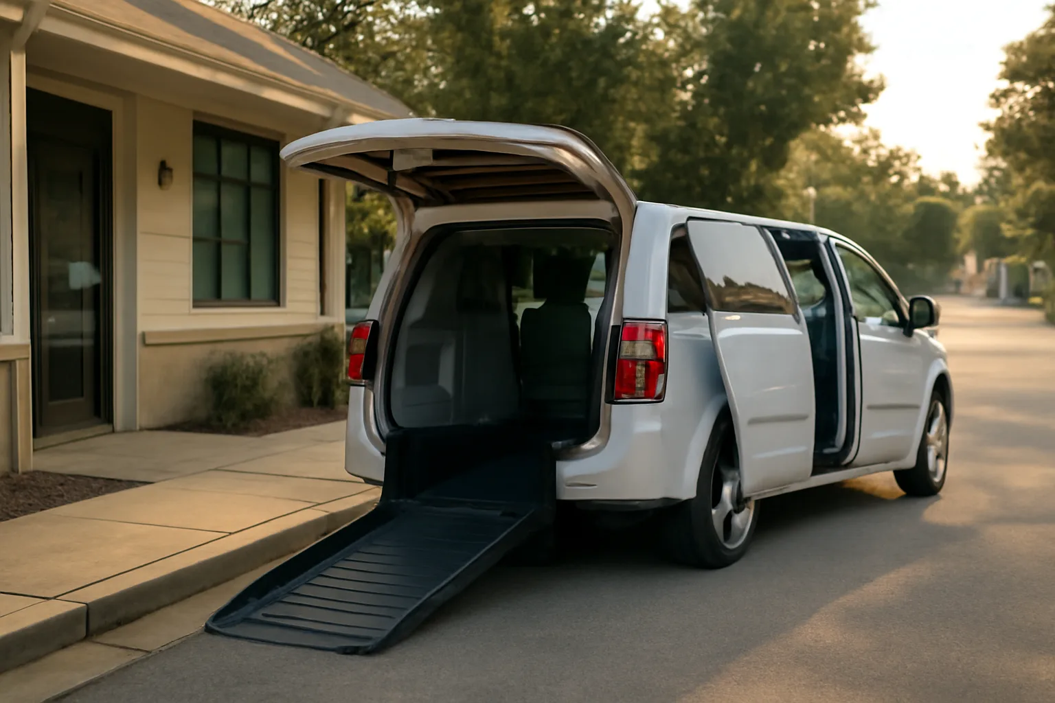 Wheelchair van with ramp deployed outside a clinic, illustrating non-emergency medical transportation coverage