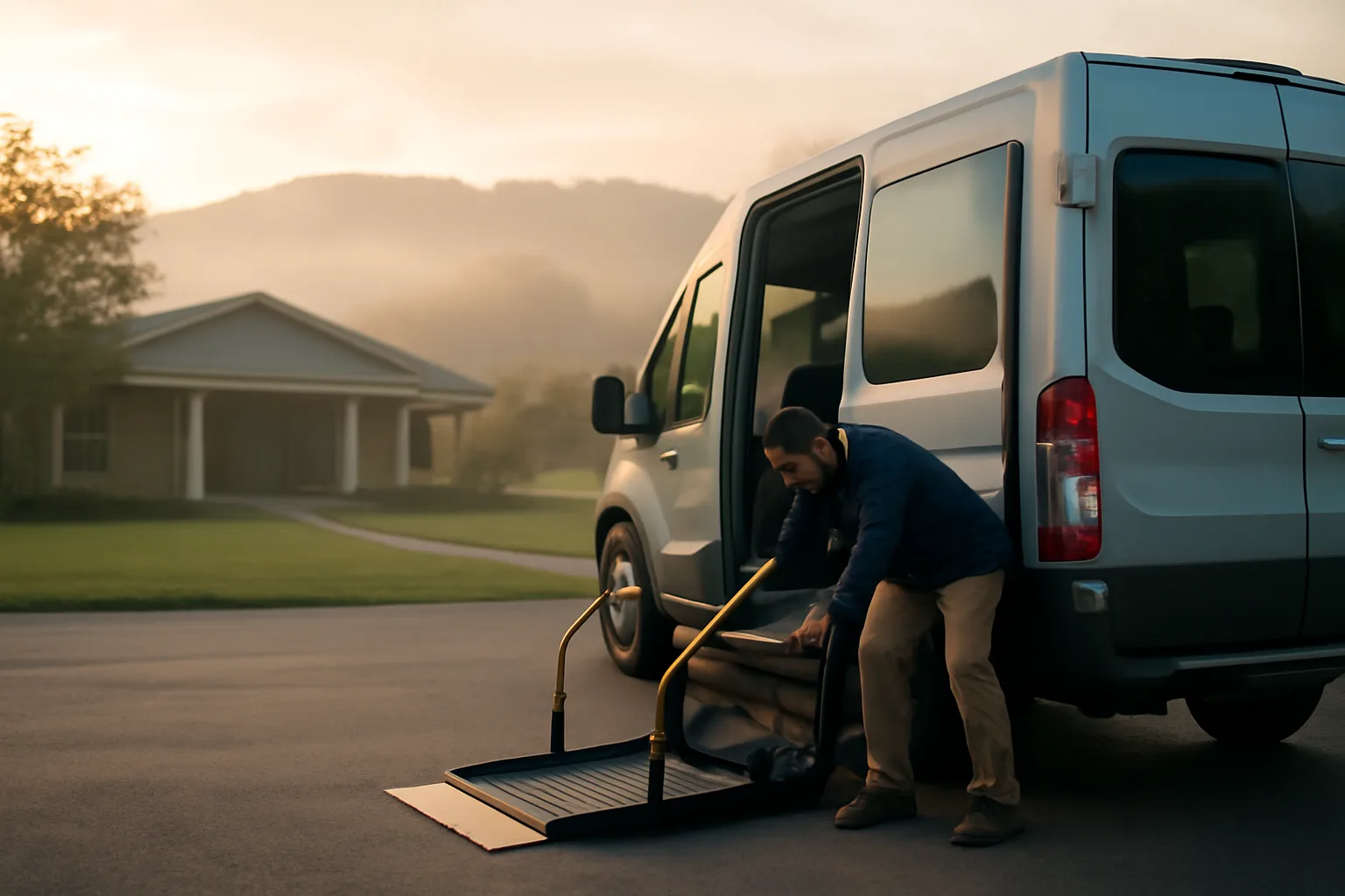 Wheelchair-accessible van with ramp deployed outside a rural Kentucky medical clinic at dawn