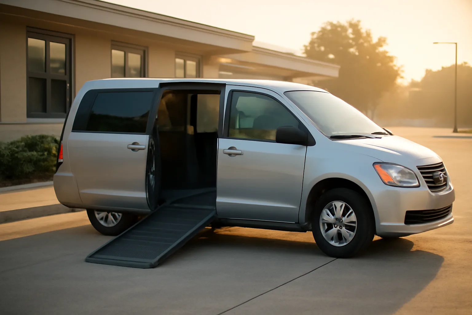 Wheelchair-accessible van with ramp extended outside a medical office building at dawn