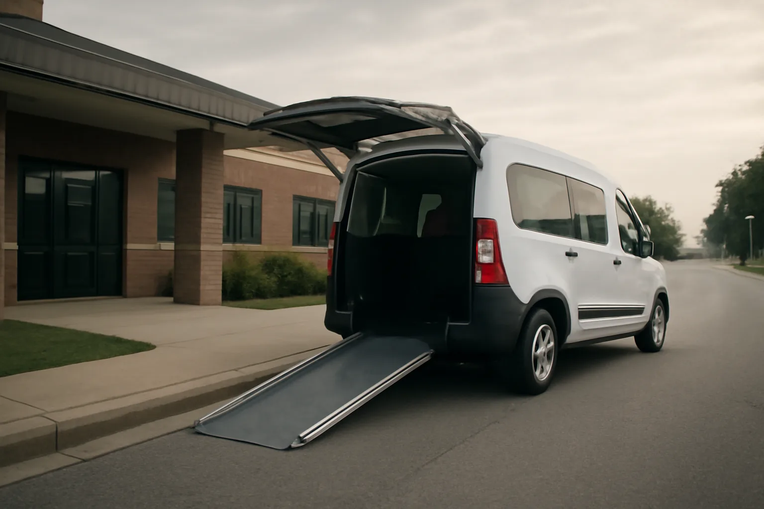 Wheelchair van with ramp lowered outside a clinic for Medicaid medical transportation