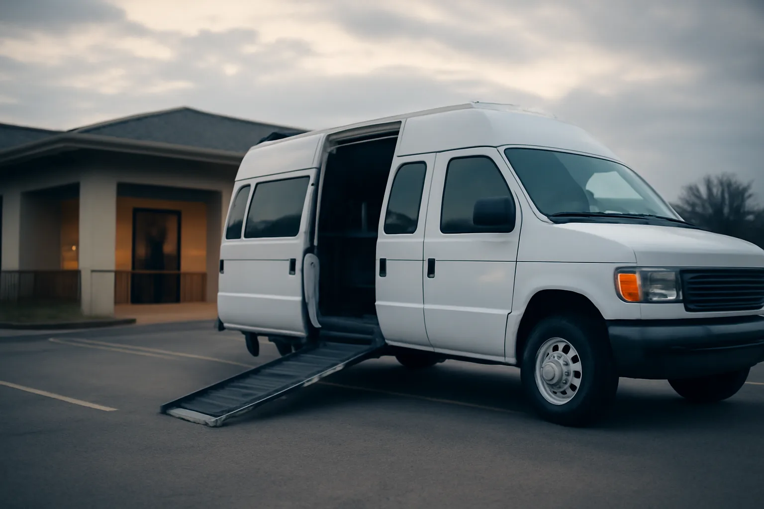 Wheelchair van with ramp extended outside a clinic, used for Medicaid NEMT rides