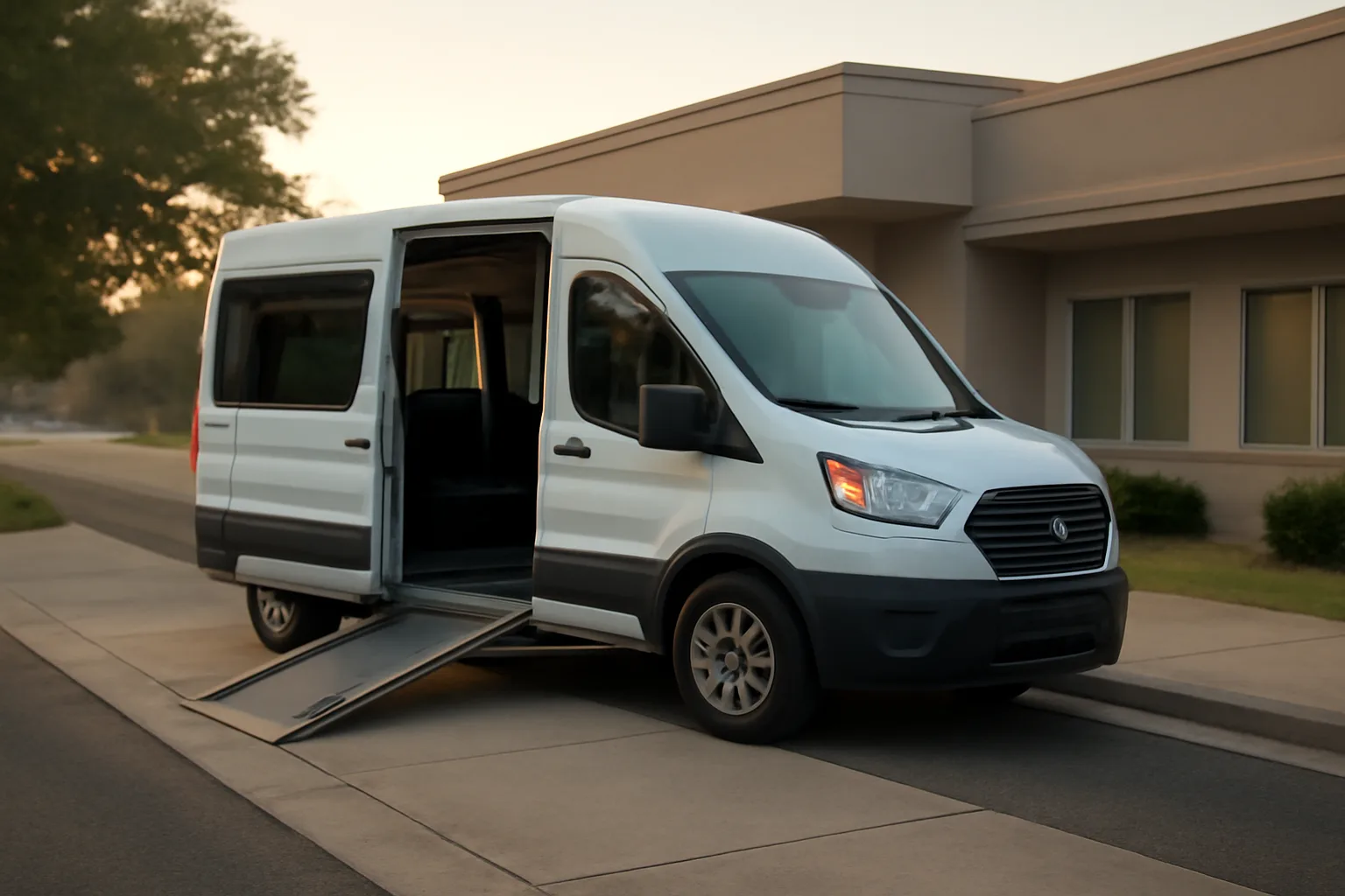 Wheelchair-accessible van with ramp extended outside a medical clinic entrance