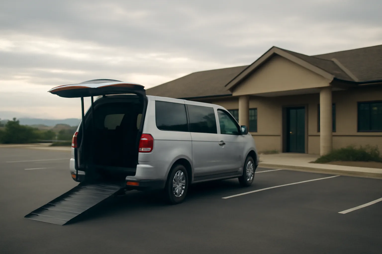 Wheelchair van with ramp deployed outside a clinic, illustrating Colorado Medicaid transportation