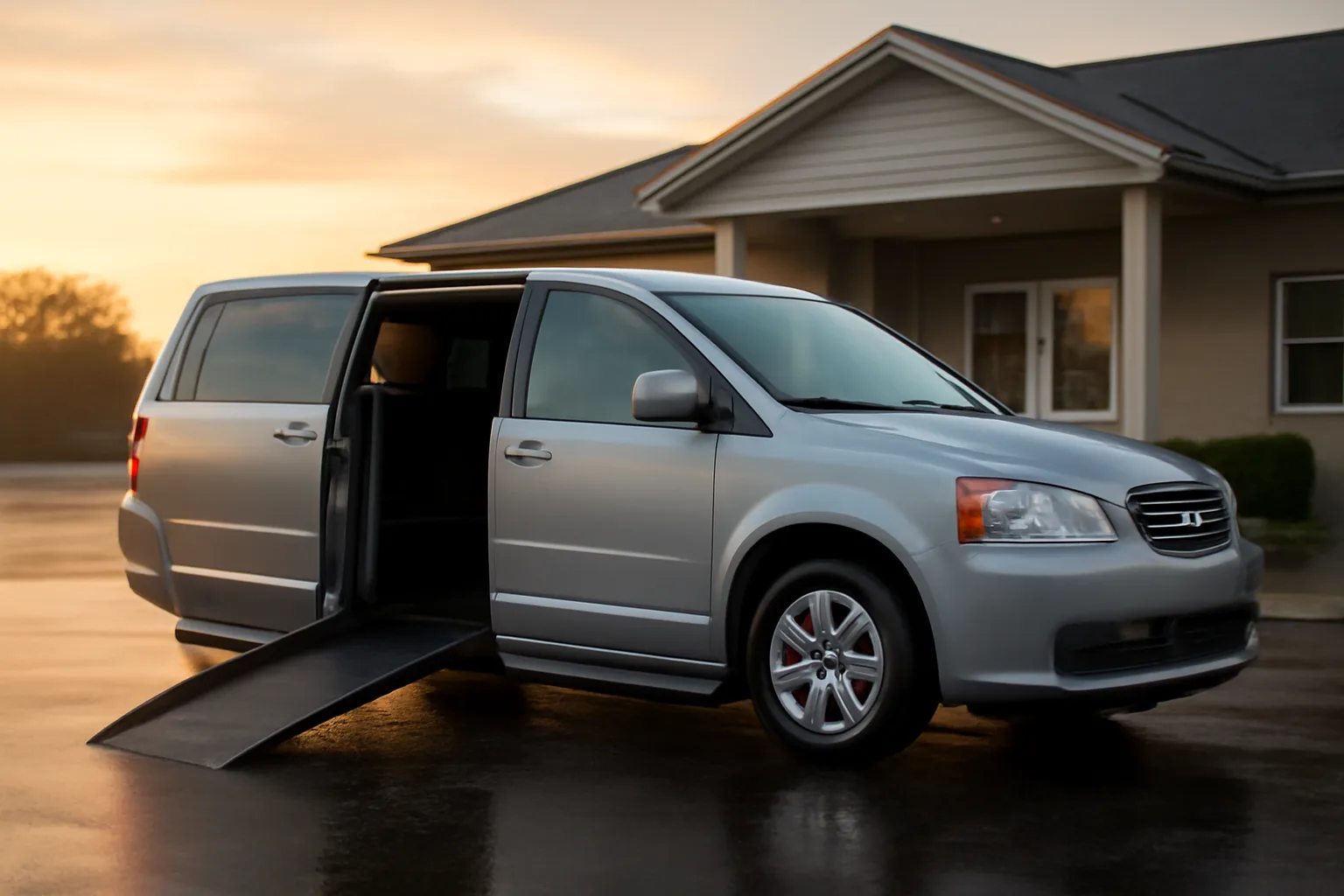Wheelchair-accessible van with ramp extended outside a clinic at dawn