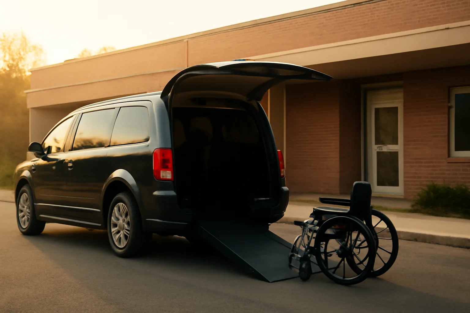 Wheelchair-accessible van with ramp deployed outside a medical clinic at dawn