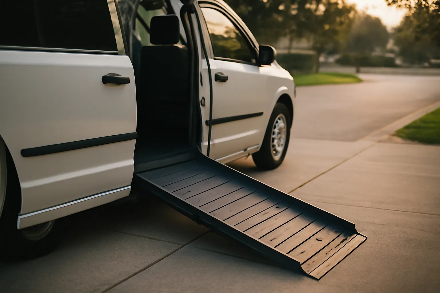 Wheelchair van ramp deployed in driveway light, representing a medical transportation business