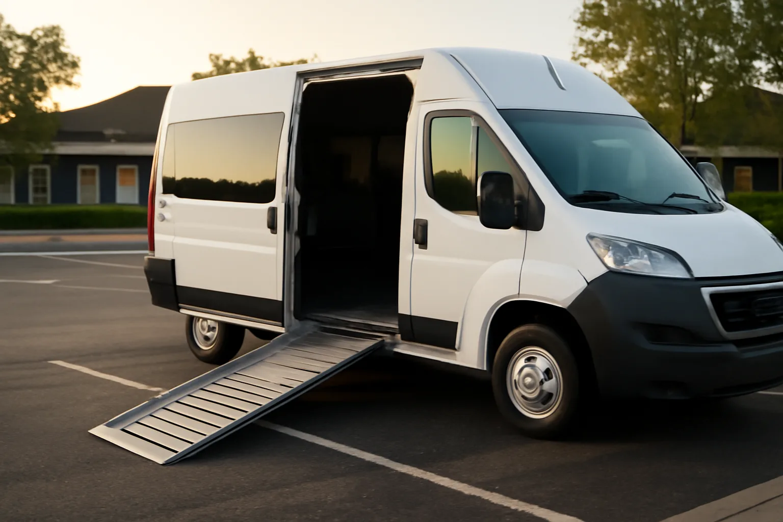 Wheelchair-accessible van parked outside a medical office at sunrise