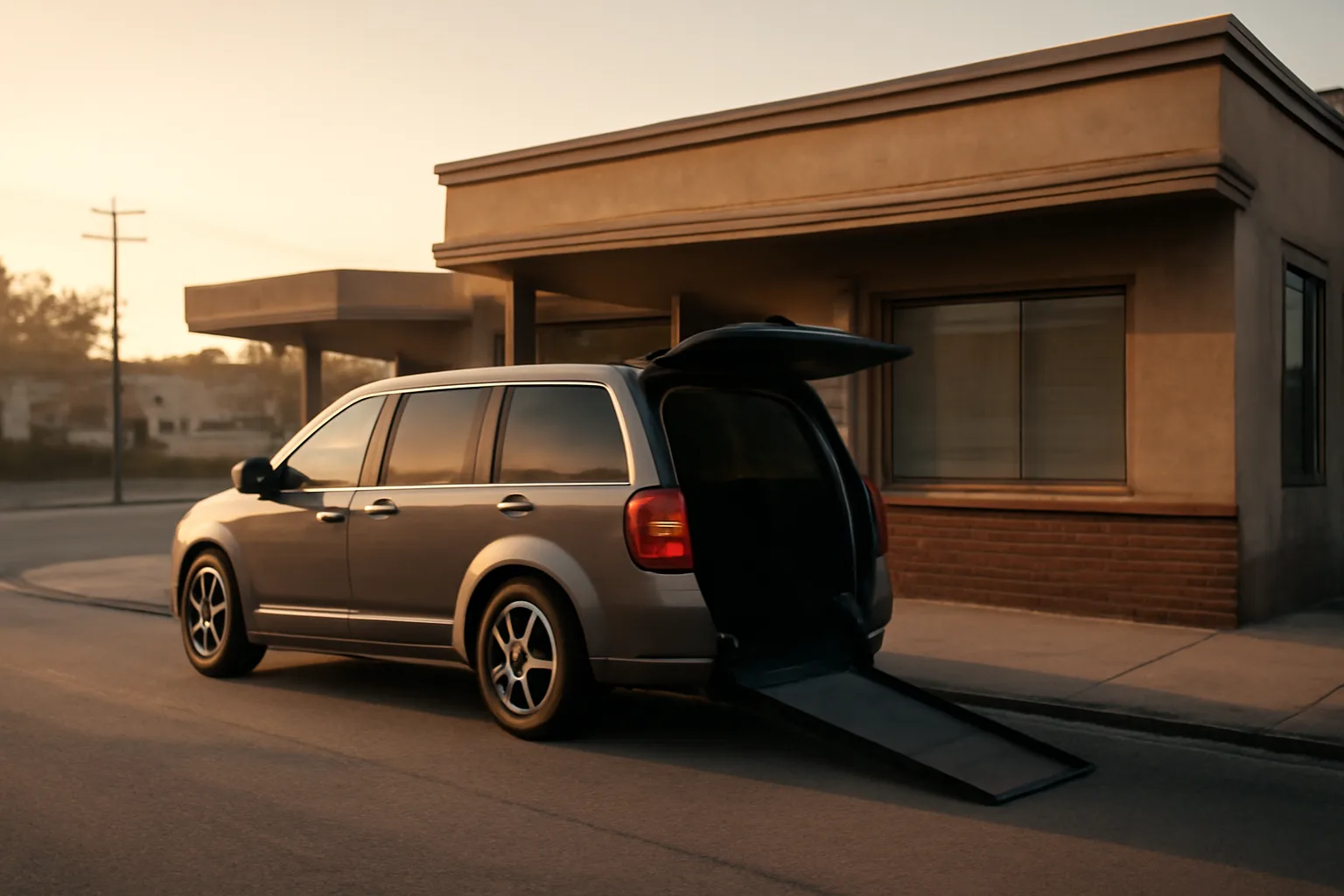 Wheelchair van with ramp extended outside a small transportation business at dawn