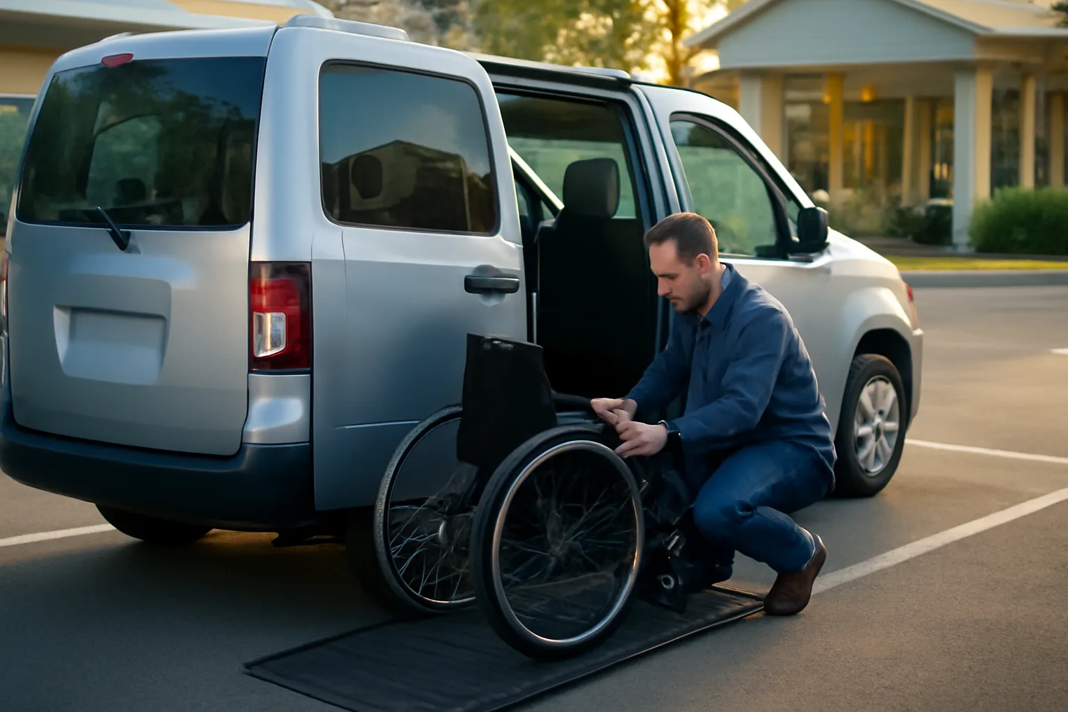 Wheelchair van ramp lowered in clinic parking lot for medical transportation business