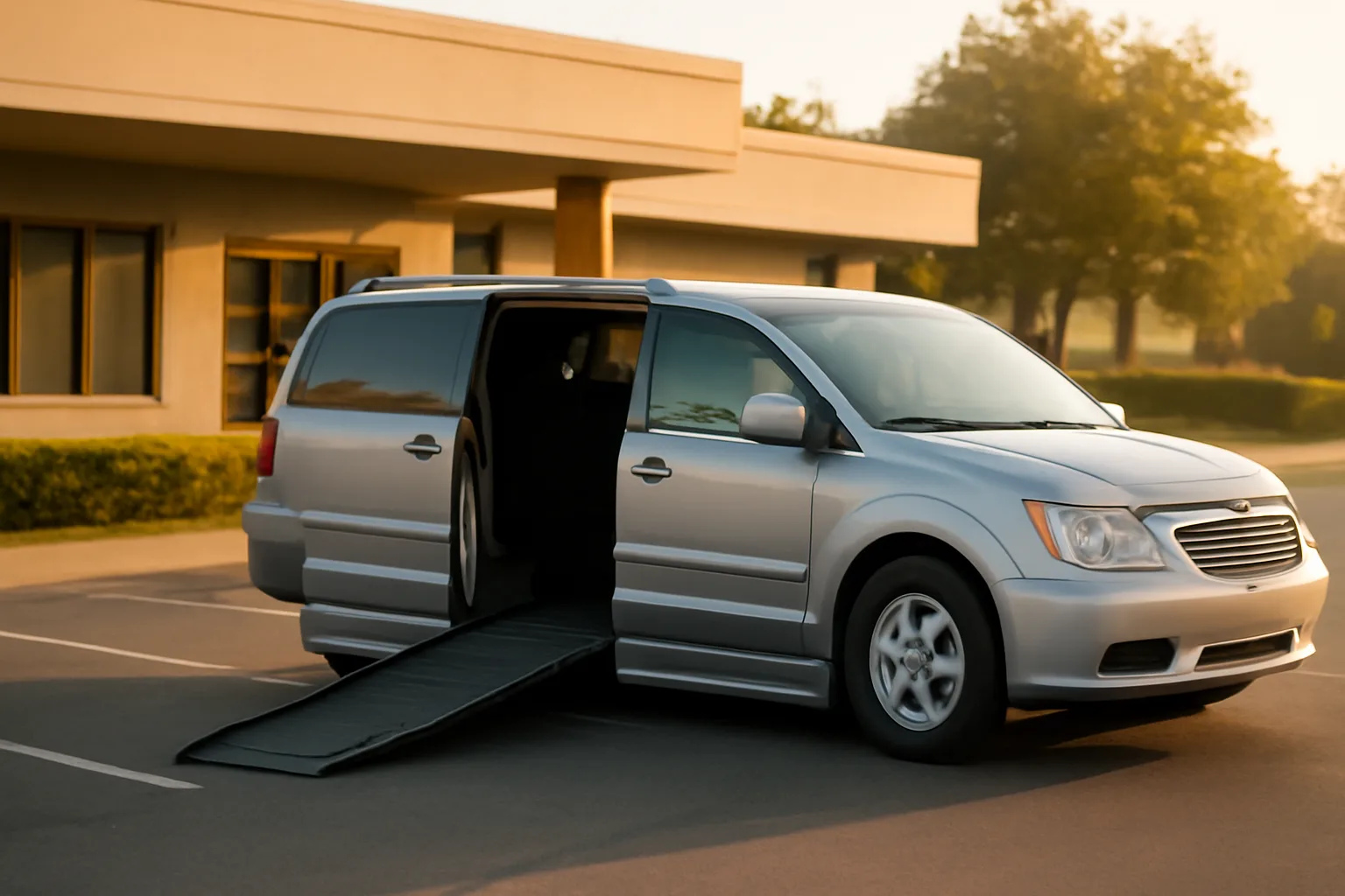 Wheelchair-accessible medical transporter van with ramp outside a clinic at sunrise