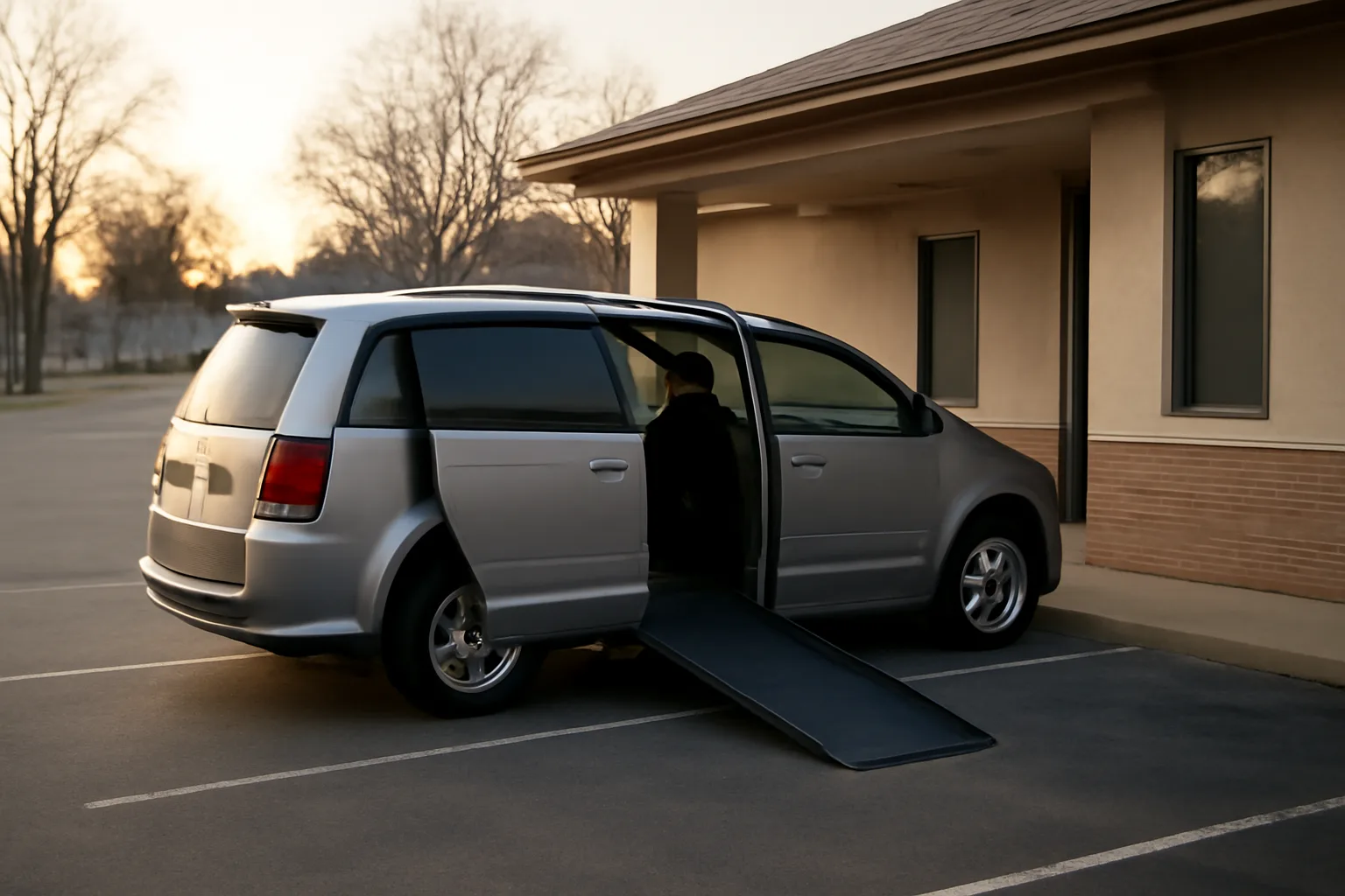 Wheelchair-accessible van with ramp deployed outside a Minnesota medical clinic at dawn