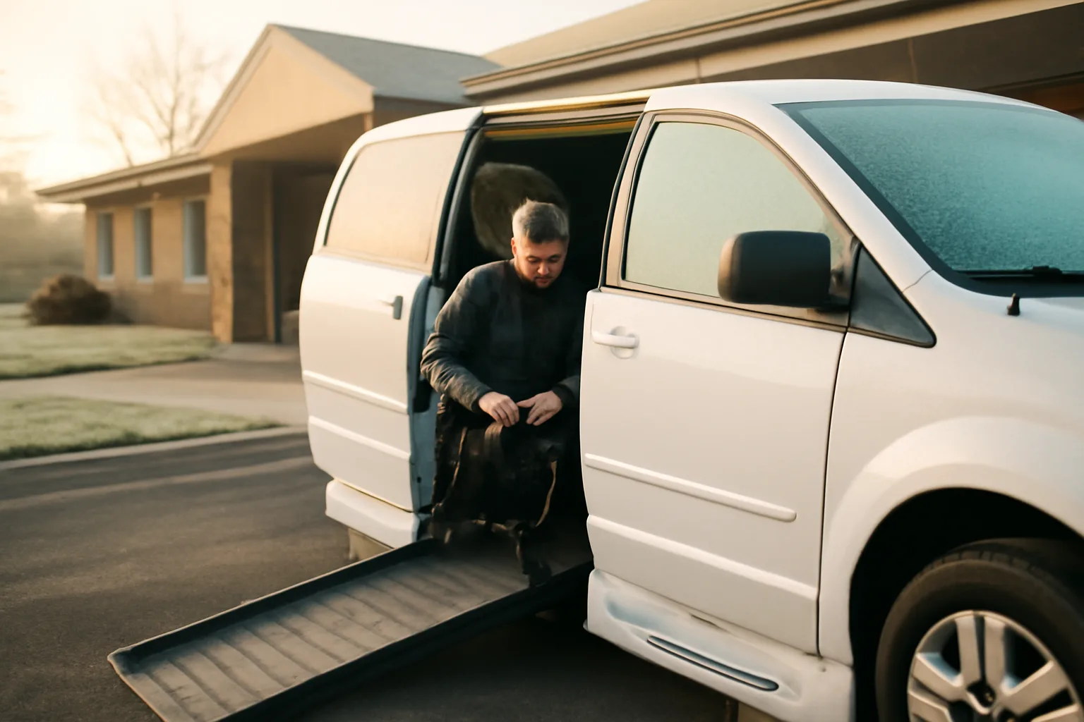 Wheelchair van with ramp deployed outside a Minnesota clinic in early morning light